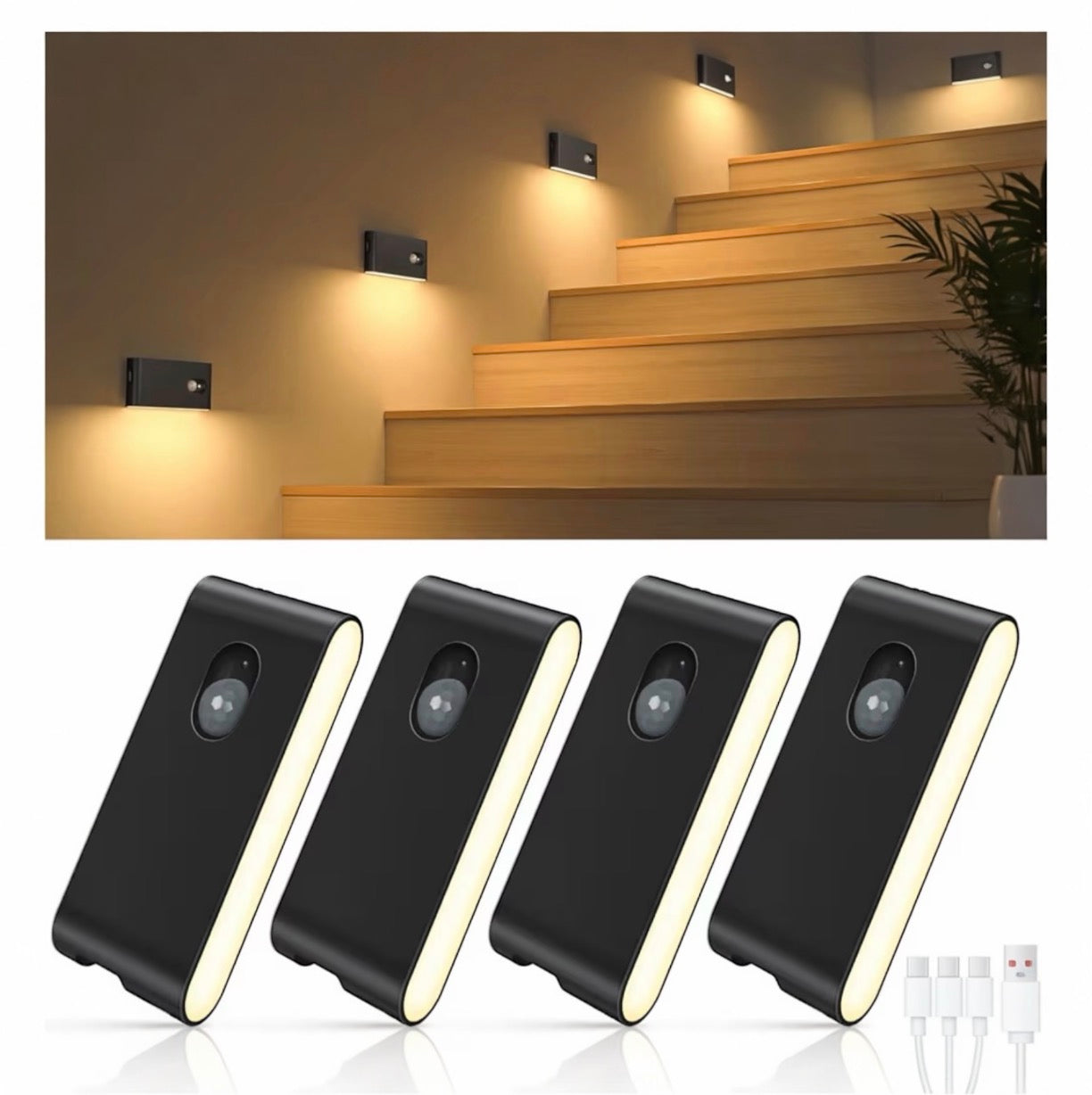 WILLED Stair Lights, Rechargeable Motion Sensor Light, Wireless Night Light (Auto/ON/Off), Magnetic Stick on Lights for Wardrobe, Hallway, Stairs, Bedroom (4 Pack)