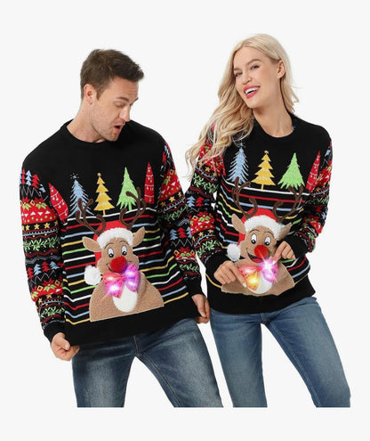 Unisex Men's LED Christmas Jumper Light Up Novelty Rudolph Santa Reindeer Snowflakes Knitted Xmas Tree Ladies Sweater