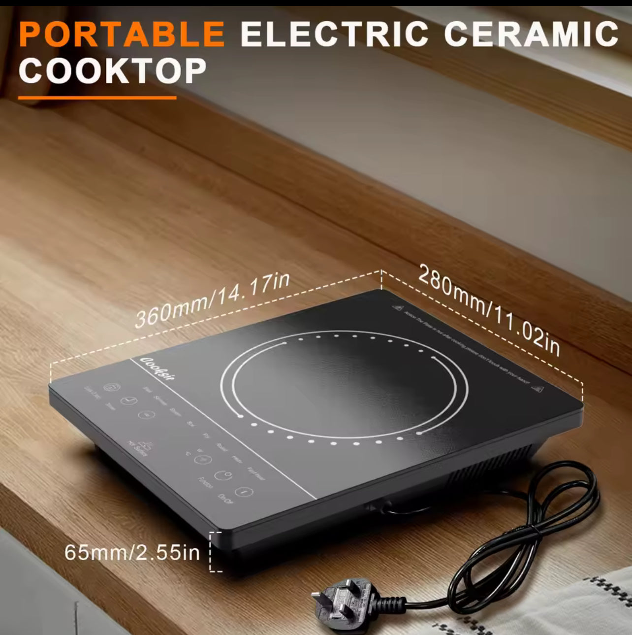 Cooksir Portable Single Electric Ceramic Hob – 2000W, LED Touch Screen, 4-Hour Timer, Safety Lock, Residual Heat Indicator