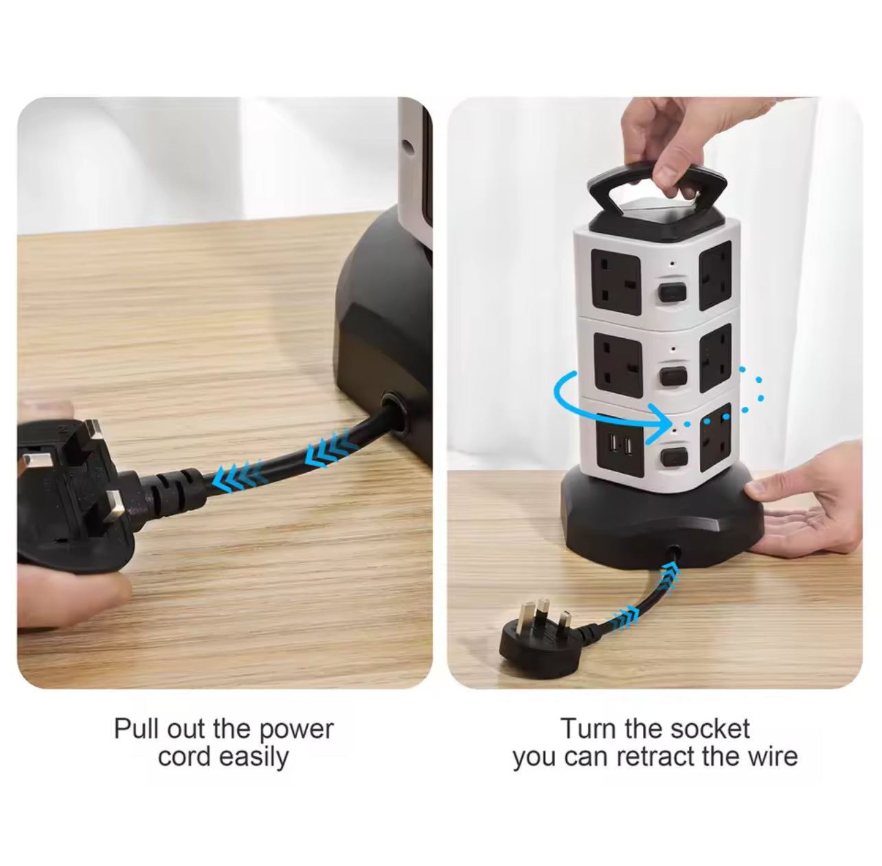 Vertical Power Strip Tower Socket – 7/11/15 Outlets, Surge Protector, UK Plug, 2 USB Ports, 2m Extension Cable