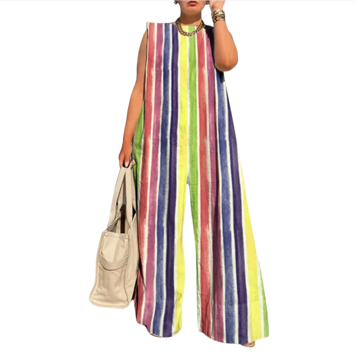 Bonboho  Women’s Casual Striped Jumpsuit – Sleeveless Wide-Leg One-Piece Streetwear