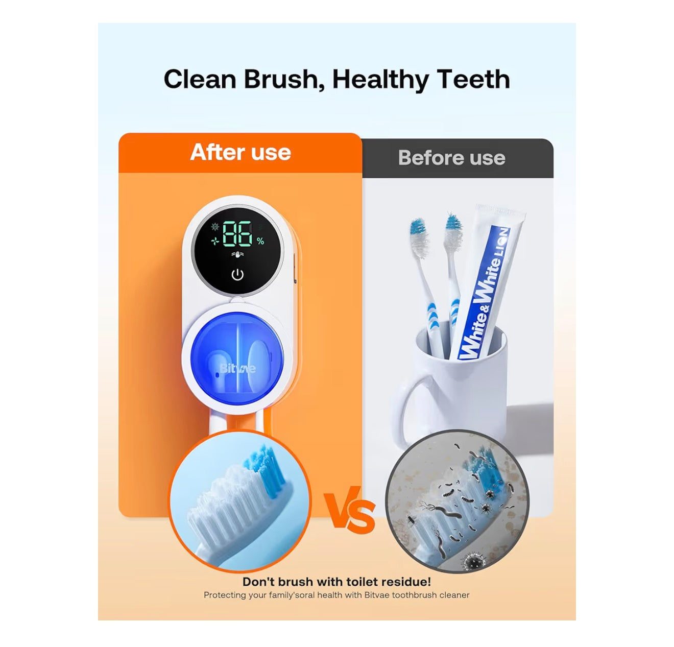 Bitvae Toothbrush Holder & Toothbrush Cleaner, Cleaning and Air Drying, LED Smart Screen, Rechargeable Wall Mount Toothbrush Holder for Bathrooms, White