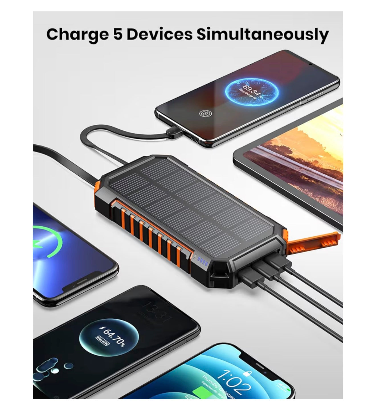 27000mAh-Solar-Charger-Power-Bank - Riapow USB C Portable Solar Charger with 3 Cables & 3 USB Output Ports, Dual Flashlight External Battery Pack for Smartphones, Tablets and More