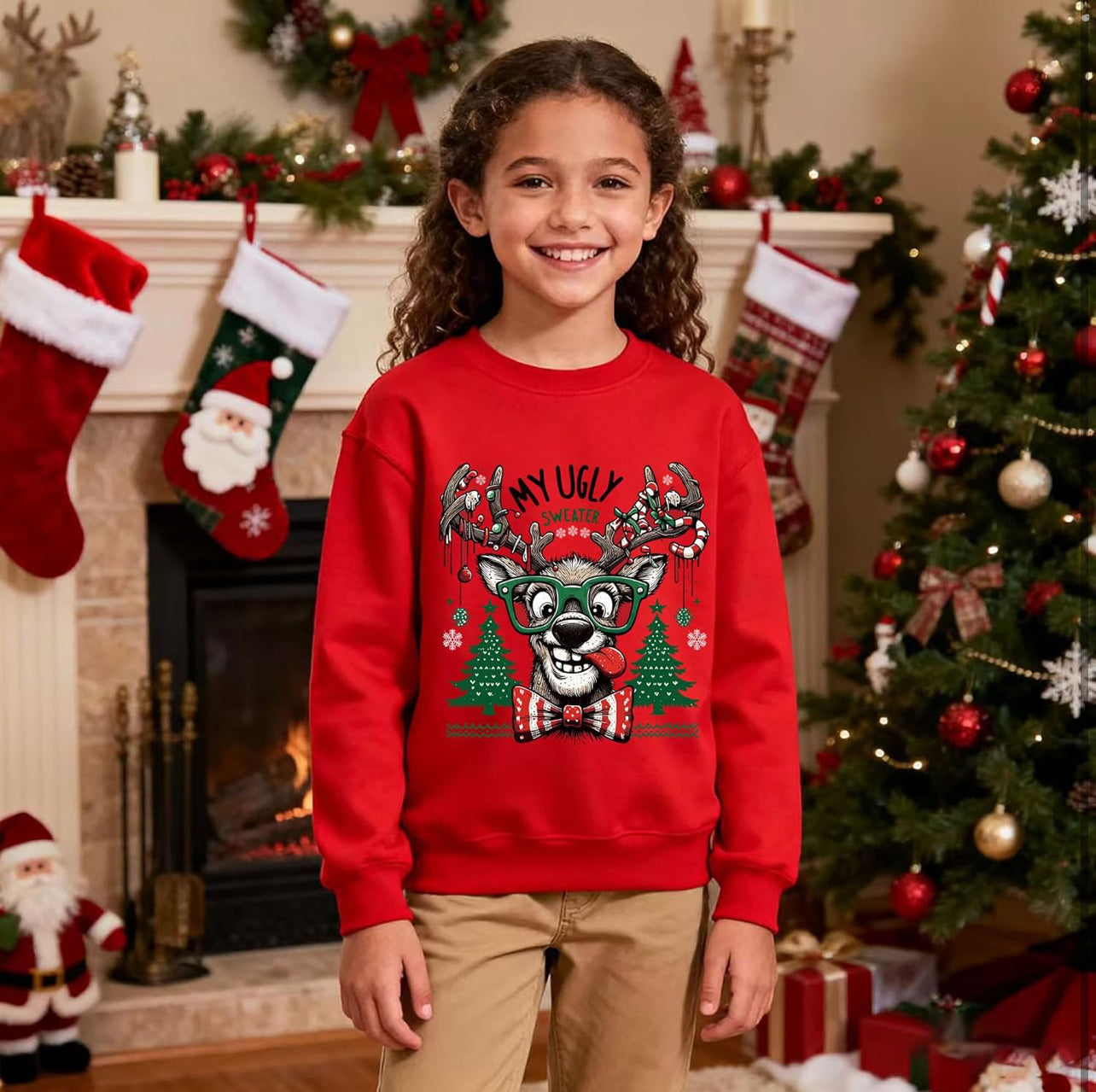 XJUERAA Christmas Sweatshirt for Boys Girls Xmas Jumper Kids Long Sleeve Santa Claus Unisex Tops Reindeer Christmas Car T-Shirts Winter Casual Pullover Children Gift Clothes Age 7-11 Years