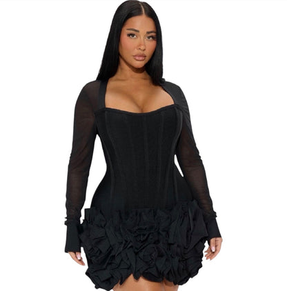 Blessed Beauty Ruffle Rosette Bandage Mini Dress Black