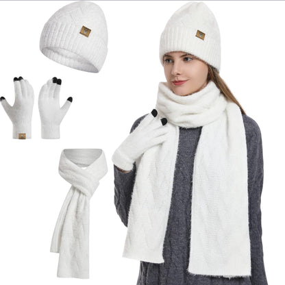 Womens Hat Scarf and Touch Screen Gloves Set Ladies Women Winter Scarf Warm Fleece Lined Beanie Skull Caps for Men Women