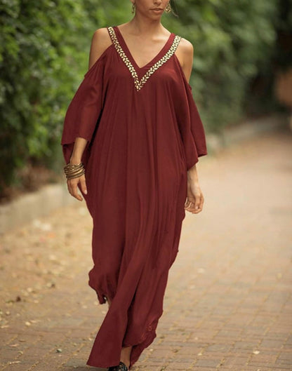 Orshoy Women's Oversized Maxi Kimono Kaftan V Neck Tunic Caftan Dress Beach Cover Ups Beachwear Maxi Dress Nightdress