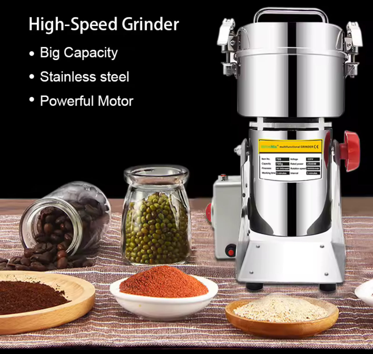 BioloMix Dry Food Grinder Mill – 700g/800g Capacity, High-Speed Grain, Spice, Herb, Cereal & Coffee Grinder