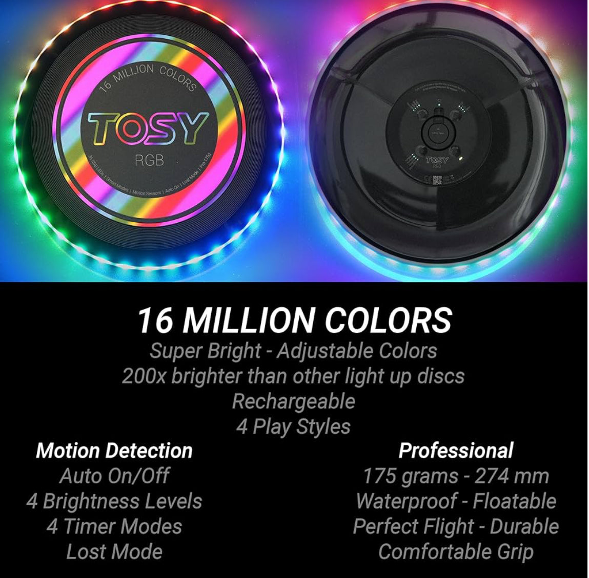 TOSY Flying Disc - 16 Million Color RGB LEDs, Extremely Bright, Smart Modes, Auto Light Up, Rechargeable, Waterproof, Birthday, Camping Gift, 175g Frisbee