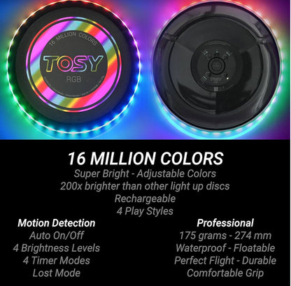 TOSY Flying Disc - 16 Million Color RGB LEDs, Extremely Bright, Smart Modes, Auto Light Up, Rechargeable, Waterproof, Birthday, Camping Gift, 175g Frisbee