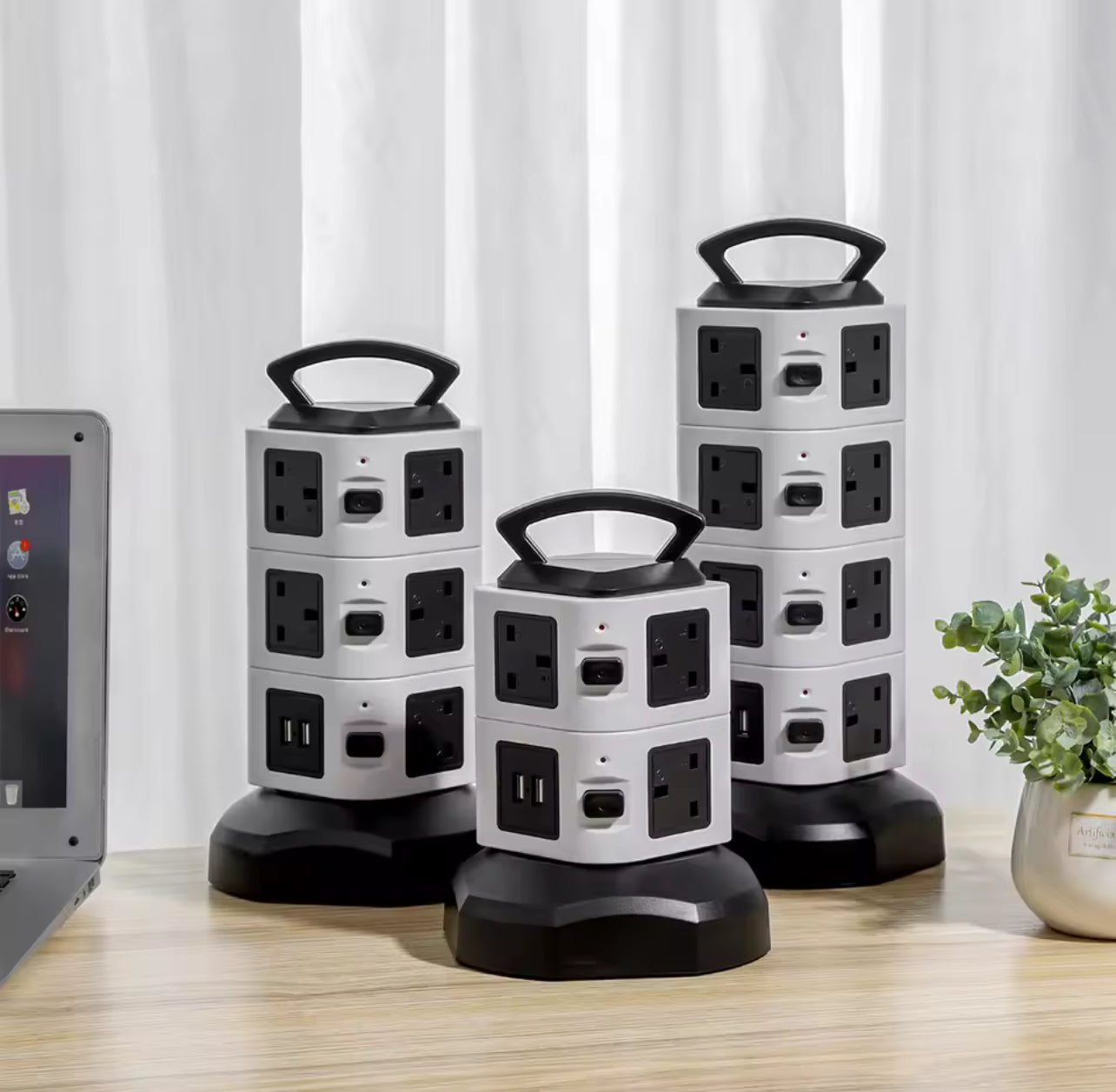 Vertical Power Strip Tower Socket – 7/11/15 Outlets, Surge Protector, UK Plug, 2 USB Ports, 2m Extension Cable