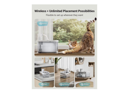 DownyPaws Wireless Cat Water Fountain for Drinking, 2.5L Battery-Operated Cat Water Fountain Cordless with Motion Sensor, 4000 mAh, Quiet Water Pump and Stainless Steel Tray for Cats, White
