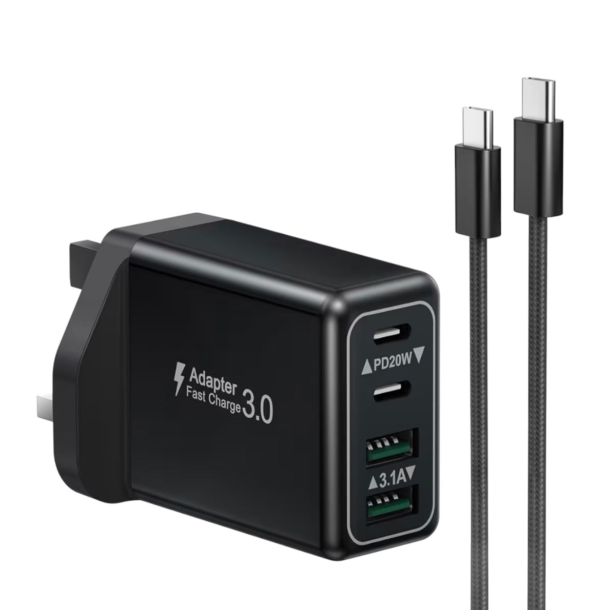 40W 4-Port USB-C Fast Charger Plug UK PD QC Multiport Wall Adapter