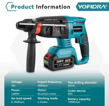 YOFIDRA 26mm Brushless Electric Hammer Drill – Cordless Multifunctional Rotary Tool, Rechargeable, Compatible with Makita Batteries