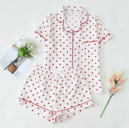 Women’s Heart Print Pyjama Set | Short Sleeve Shirt & Shorts