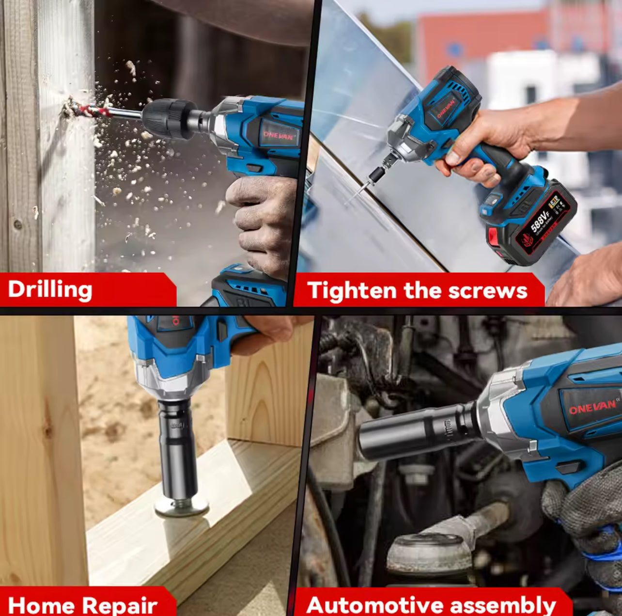 ONEVAN 1200N·m Brushless Electric Impact Wrench – 1/2 Inch Cordless Power Tool, Compatible with Makita 18V Battery