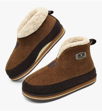 KuaiLu Mens Felt Winter Warm Boot Slippers Cosy Memory Foam Fleece Lined Bootie Slippers with Comfy Arch Support House Shoes Non-Slip Indoor Outdoor Hard Sole