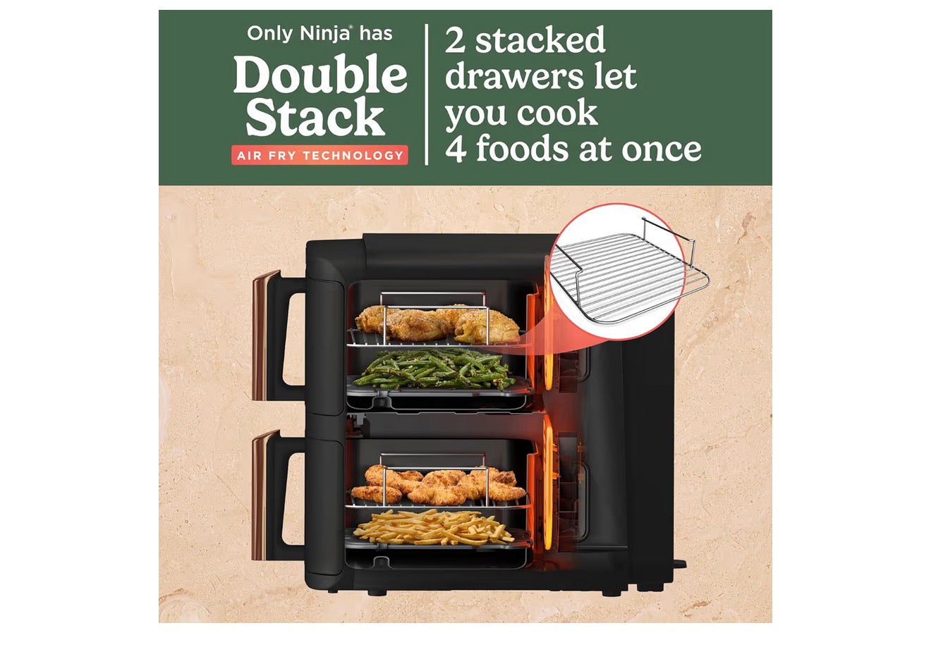 Double Stack XL Air Fryer, Vertical Dual Drawer Air Fryer with 4 cooking levels, 2 Drawers & 2 Racks, Space Saving Design, 9.5L Capacity, 6 Cooking Functions, 8 Portions, Copper Black SL400UKCP