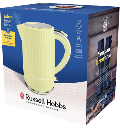 Russell Hobbs Electric Kettle (Hot Water, Tea or Coffee, 1.7L, Push to Open Lid, Perfect Pour Spout, Removable Washable Filter, Illuminated Switch, Chrome Accents, Lemon, 3000W) Eden 27363
