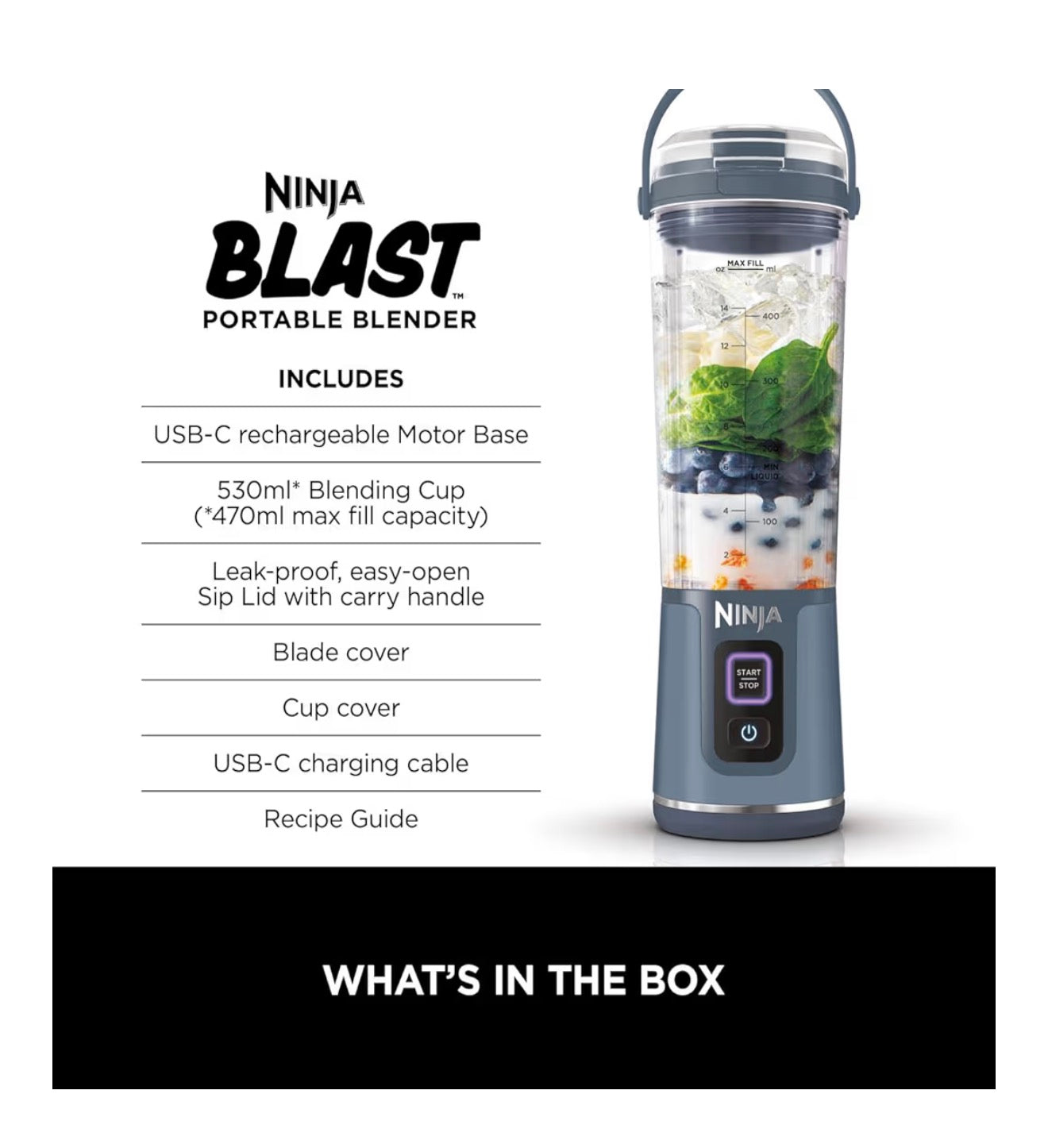Blast Portable Blender, 530ml, Leakproof Lid & Sip Spout, Powerful Cordless Mini Blender, Rechargeable, Portable Smoothies, Protein Shakes, Blends Ice & Frozen Fruit, Denim Blue, BC151UKNV