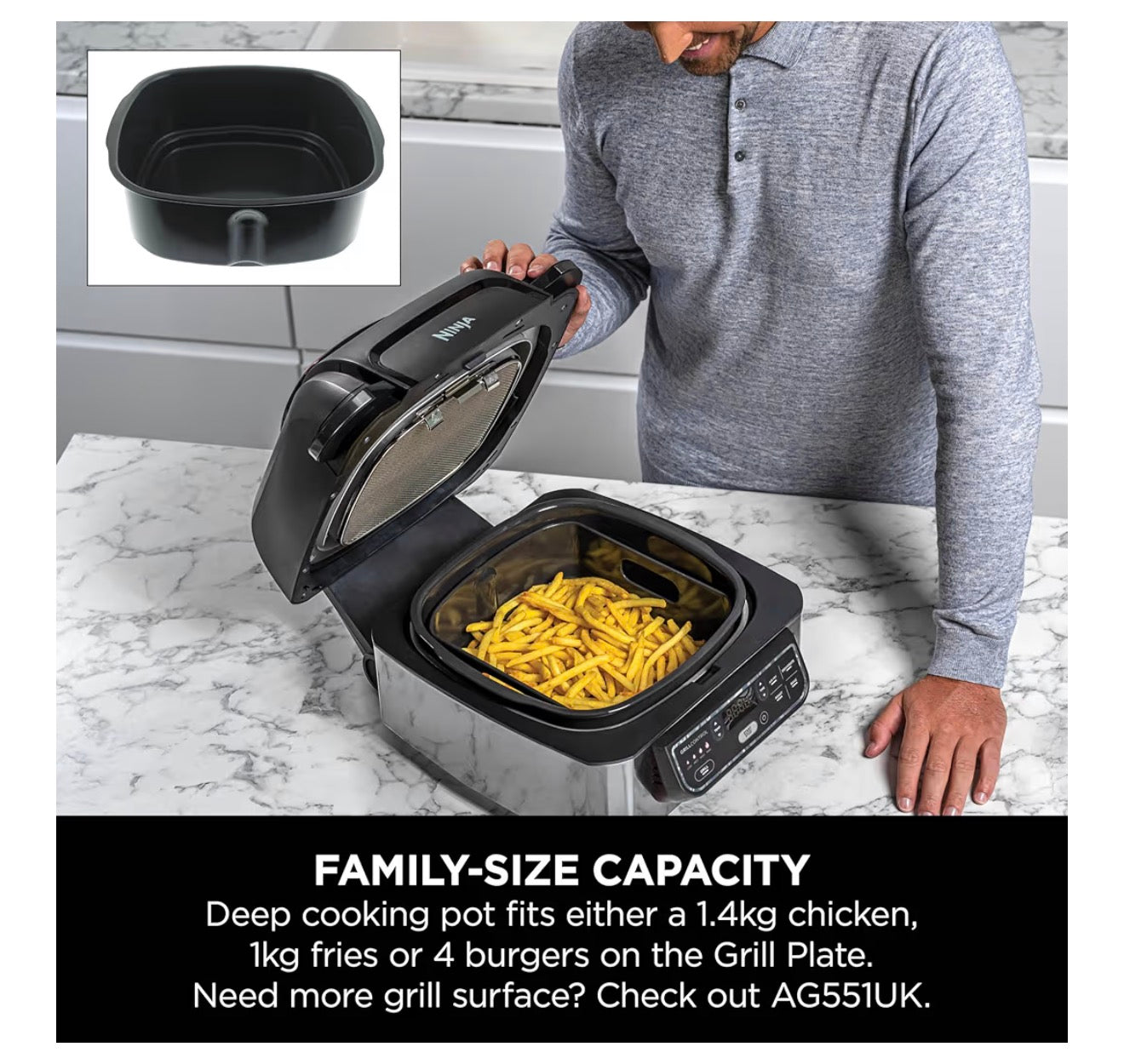 Foodi Health Grill & Air Fryer 5.7L with Cyclonic Air Technology, 5-in-1, Air Fry, Grill, Bake, Roast, Dehydrate, Dishwasher Safe Parts, Cleaning Brush, Black/Silver AG301UK