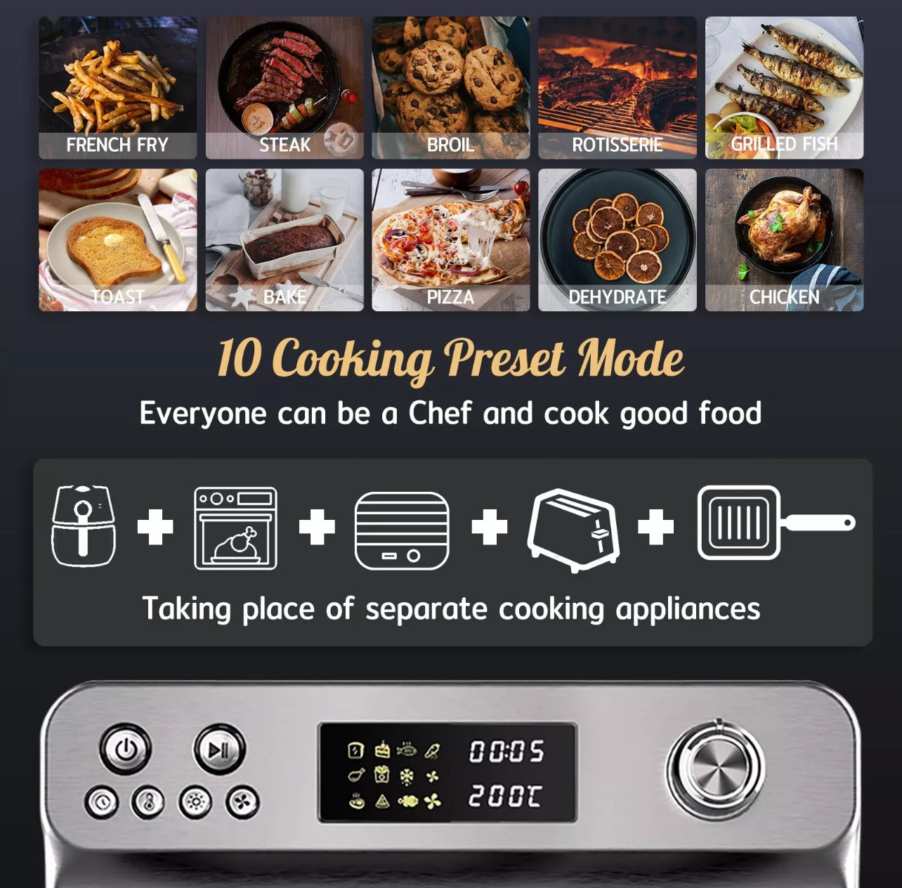 24L Air Fryer Oven with Rotisserie Digital Knob 1800W 10In1 Airfryer