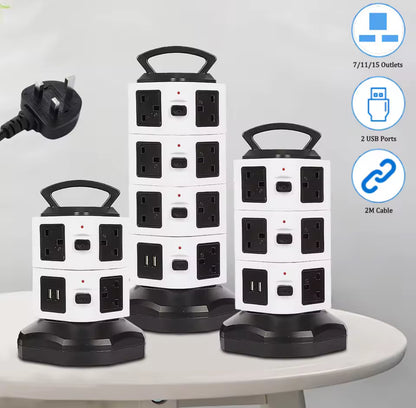 Vertical Power Strip Tower Socket – 7/11/15 Outlets, Surge Protector, UK Plug, 2 USB Ports, 2m Extension Cable
