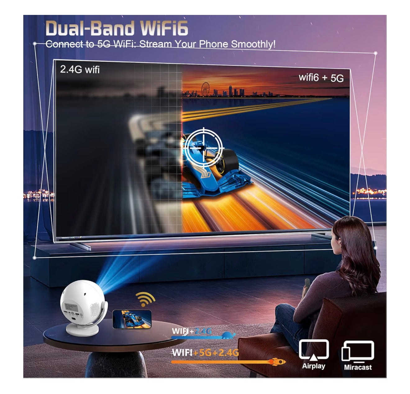 XBJ 360 Portable Projector, Support 4K 1080P 300 ANSI Mini Projector with Wifi and Bluetooth, Auto Keystone Movie Projector, Proyector Portátil, Perfect for Movie Nights, White