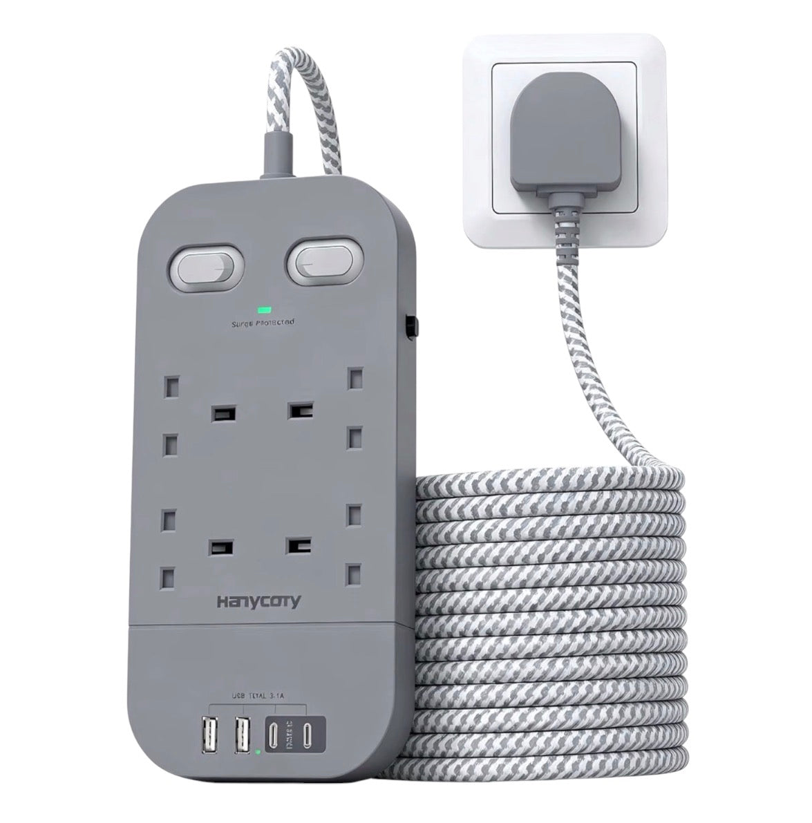4-Way Surge Protector Extension Lead 4 USB Ports 1.8M Braided Cable