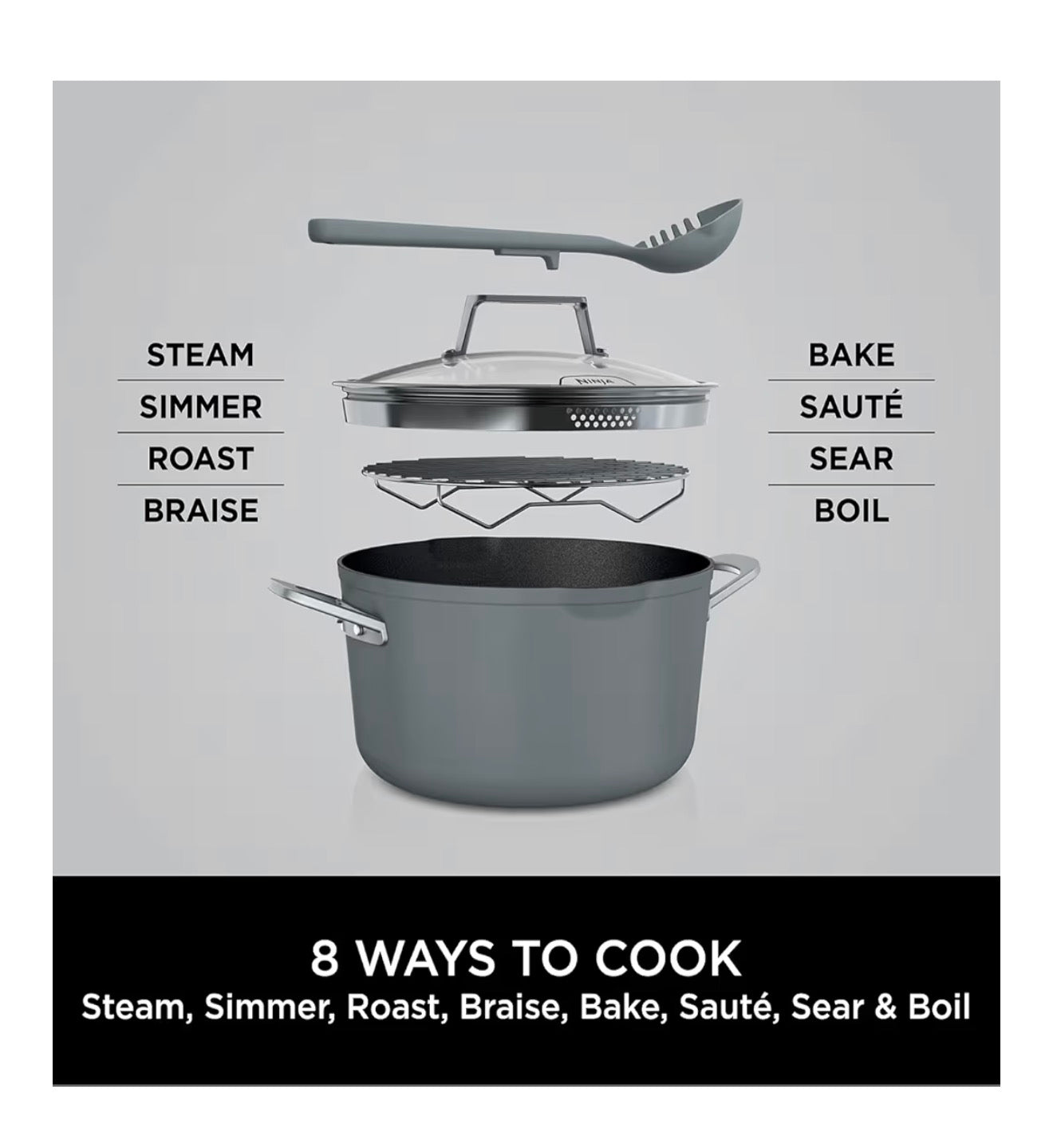 Foodi 8-in-1 PossiblePot with ZEROSTICK, Roasting/Steaming Rack, Strainer, Utensil, Glass Lid, 6.6L, Induction Compatible, Oven Safe to 260°C, Sea Salt Grey CW202GYUK