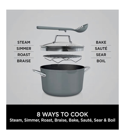 Foodi 8-in-1 PossiblePot with ZEROSTICK, Roasting/Steaming Rack, Strainer, Utensil, Glass Lid, 6.6L, Induction Compatible, Oven Safe to 260°C, Sea Salt Grey CW202GYUK