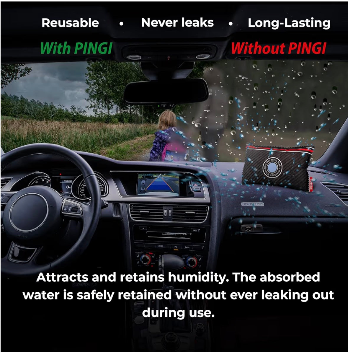 Pingi Reusable Car Dehumidifier Bags (4 x 350g) - Moisture Condensation Damp Absorber for Car & Home, 100% Leakproof & Reusable, Microwave Rechargeable Dehumidifier for Cars