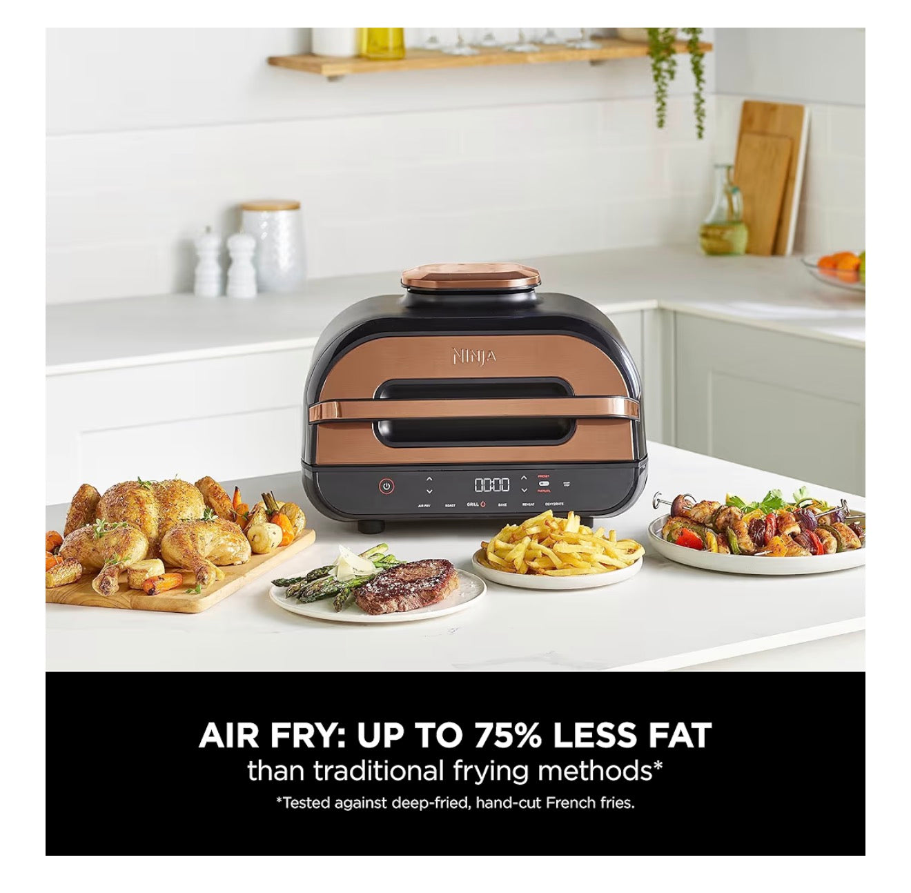 Foodi MAX Health Grill & Air Fryer 3.8L with Digital Cooking Probe, 6-in-1; Air Fry, Bake, Roast & more, Dishwasher Safe Parts, Large Grill Plate, Copper/Black Amazon Exclusive AG551UKCP