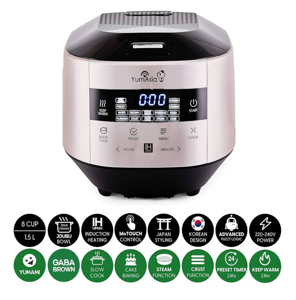 Yum Asia Bamboo Rice Cooker with Induction Heating (IH) and Ceramic Bowl, 7 Rice Cooking Functions, 4 Multicooker Functions, Motouch LED Display (1.5L) 220-240V UK/EU Power (Champagne Rose and Black)