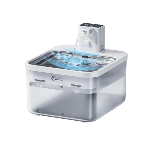 DownyPaws Wireless Cat Water Fountain for Drinking, 2.5L Battery-Operated Cat Water Fountain Cordless with Motion Sensor, 4000 mAh, Quiet Water Pump and Stainless Steel Tray for Cats, White