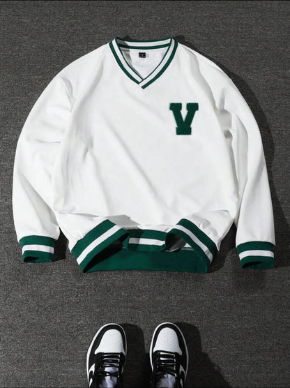 Manfinity Sporsity Men’s Loose V-Neck Y2K Jersey Sweatshirt – Casual Tennis-Inspired Style