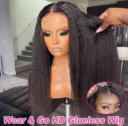 250% Density Kinky Straight Glueless Wig – 13x6 HD Lace Front, Yaki Straight, Human Hair, 30–36 Inch, Ready to Wear
