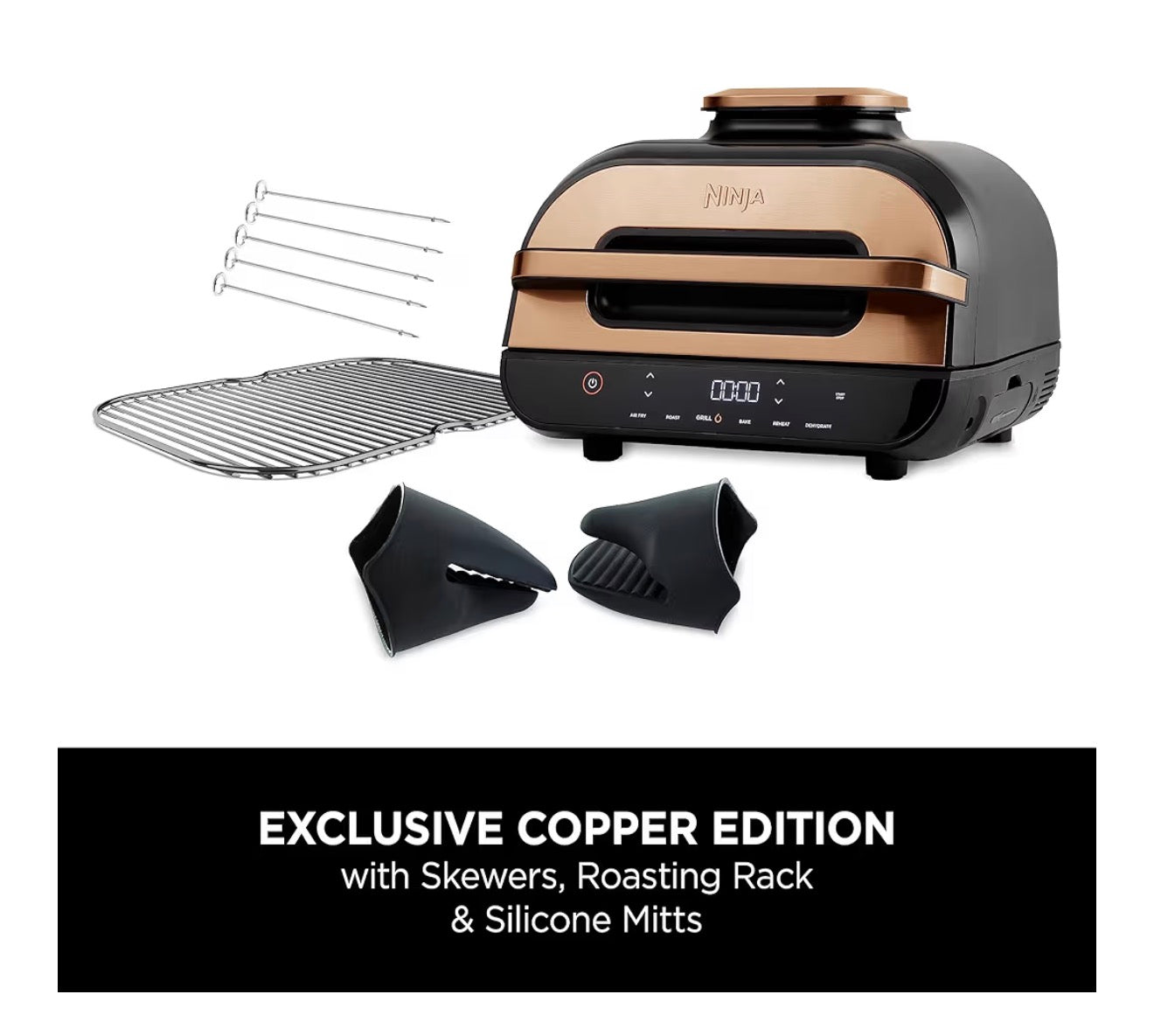 Foodi MAX Health Grill & Air Fryer 3.8L with Digital Cooking Probe, 6-in-1; Air Fry, Bake, Roast & more, Dishwasher Safe Parts, Large Grill Plate, Copper/Black Amazon Exclusive AG551UKCP