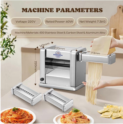Moongiantgo Electric Pasta Maker Stainless Steel Puff Puller with 3 Blades 2 mm/4 mm/6.5 mm for Spaghetti, Fettuccine, Ravioli, 7 Degree of Adjustable Thickness for Home Use (3 Blades)