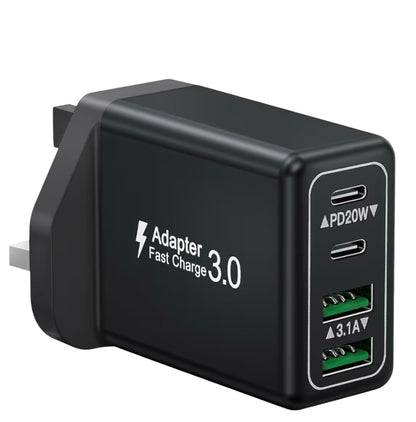 40W 4-Port USB-C Fast Charger Plug UK PD QC Multiport Wall Adapter