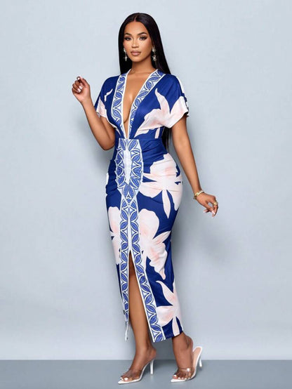 SOLERSUN Spring/Summer 2025 Luxury Floral Print V-Neck Dress – Gathered Waist, Long Blue Elegant Commuter Style