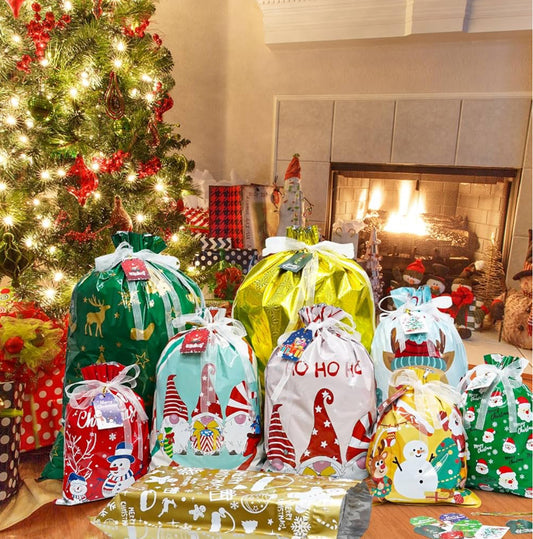 Christmas Drawstring Gift Bags, 32Pcs Xmas Wrapping Bags Large Medium Small for Presents with 32Pcs Tags for Birthday Holiday Party