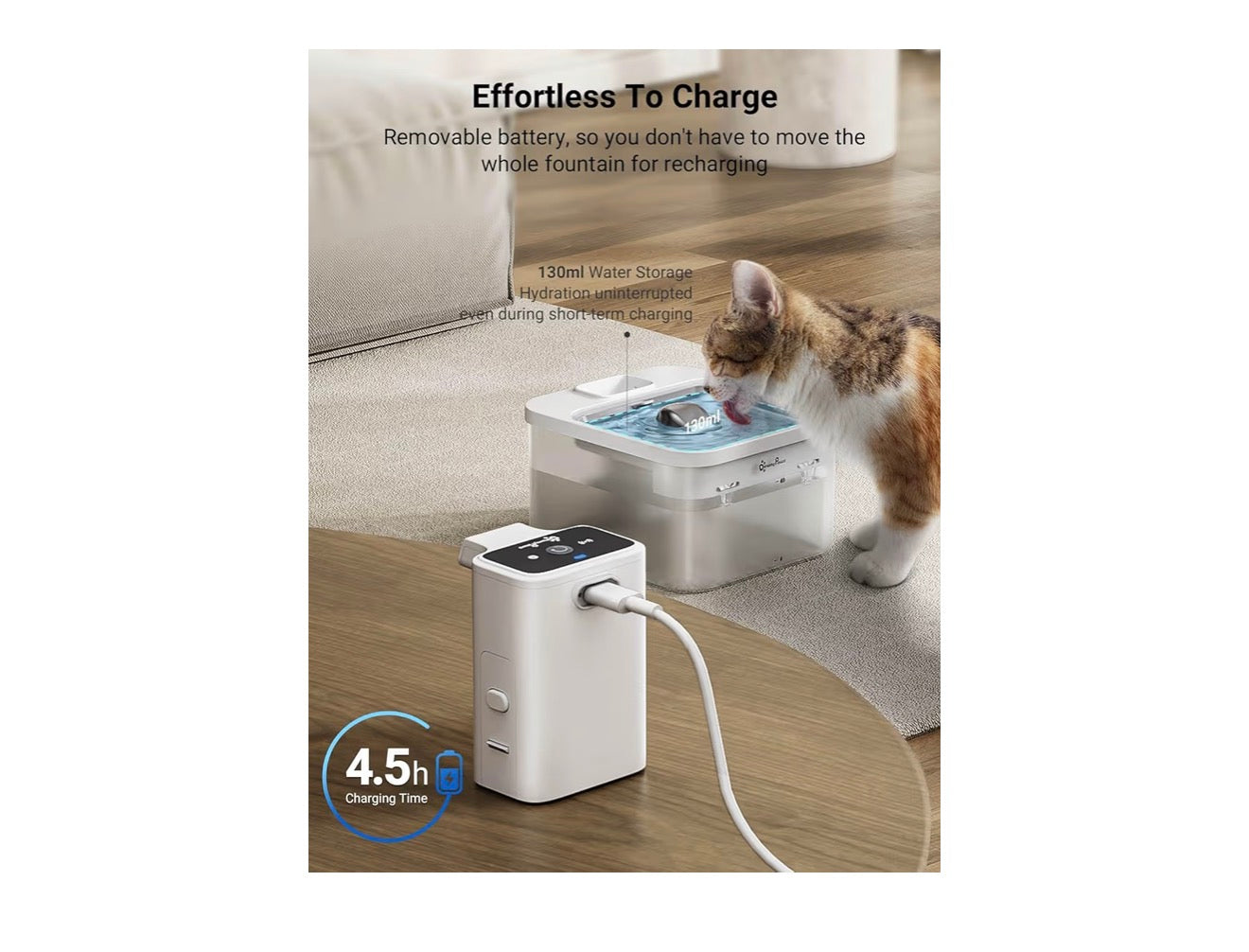 DownyPaws Wireless Cat Water Fountain for Drinking, 2.5L Battery-Operated Cat Water Fountain Cordless with Motion Sensor, 4000 mAh, Quiet Water Pump and Stainless Steel Tray for Cats, White