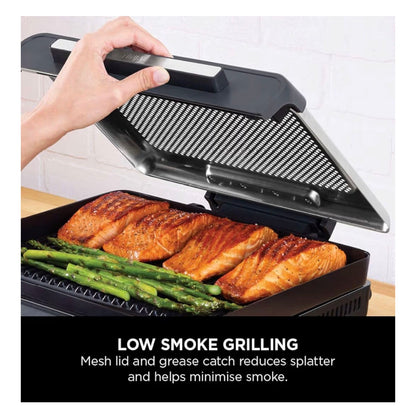 Sizzle Low Smoke Electric Indoor Grill & Flat Plate, 1460W, with Non-Stick Grill Plate & Flat Top Plate, Detachable Dishwasher Safe Lid, Grease Catch & Recipe Guide, Grey GR101UK