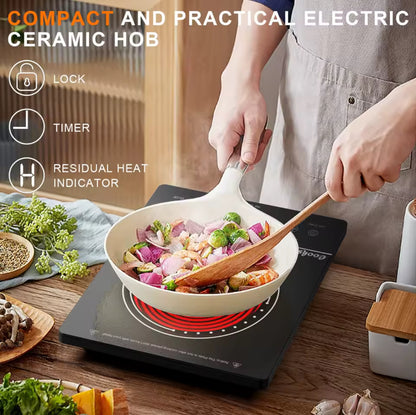 Cooksir Portable Single Electric Ceramic Hob – 2000W, LED Touch Screen, 4-Hour Timer, Safety Lock, Residual Heat Indicator