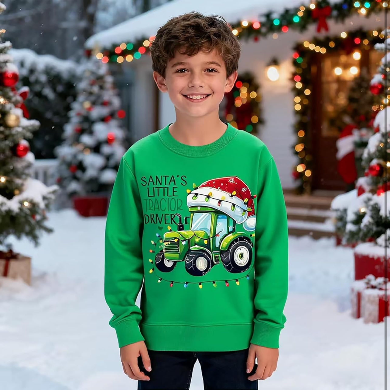 XJUERAA Christmas Sweatshirt for Boys Girls Xmas Jumper Kids Long Sleeve Santa Claus Unisex Tops Reindeer Christmas Car T-Shirts Winter Casual Pullover Children Gift Clothes Age 7-11 Years