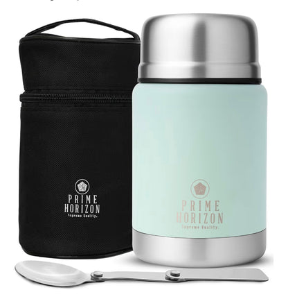Prime Horizon Food Flask - 500ml Stainless Steel Vacuum Double Wall Jar with Folding Spoon, Leakproof and BPA Free. Free Insulated Travel Bag with Carabiner and Gift Box