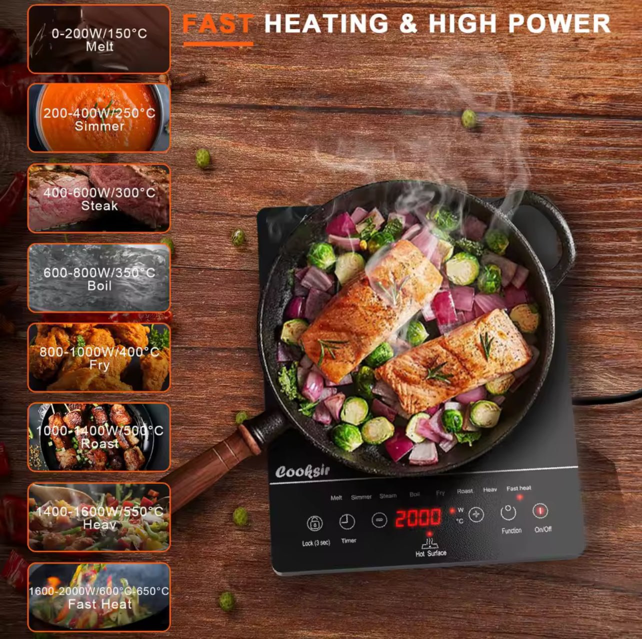 Cooksir Portable Single Electric Ceramic Hob – 2000W, LED Touch Screen, 4-Hour Timer, Safety Lock, Residual Heat Indicator