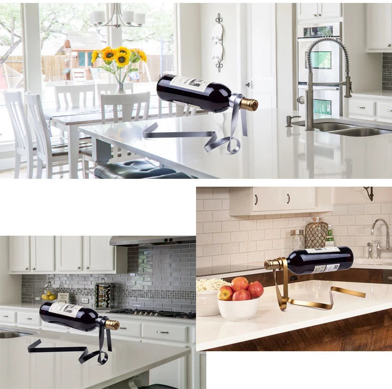 Creative Colorful Ribbon Iron Wine Bottle Holder Hanging Suspension Wine Rack Cabinet Display Rack Shelf Bar Home Desktop Decor