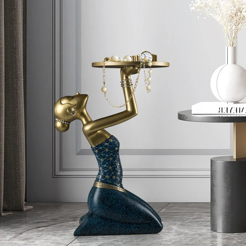 Retro Ethnic Kneeling Girl Statue Home Floor Decoration Interior Art Accessories Creative Statue Storage Tray Modern Home Gifts